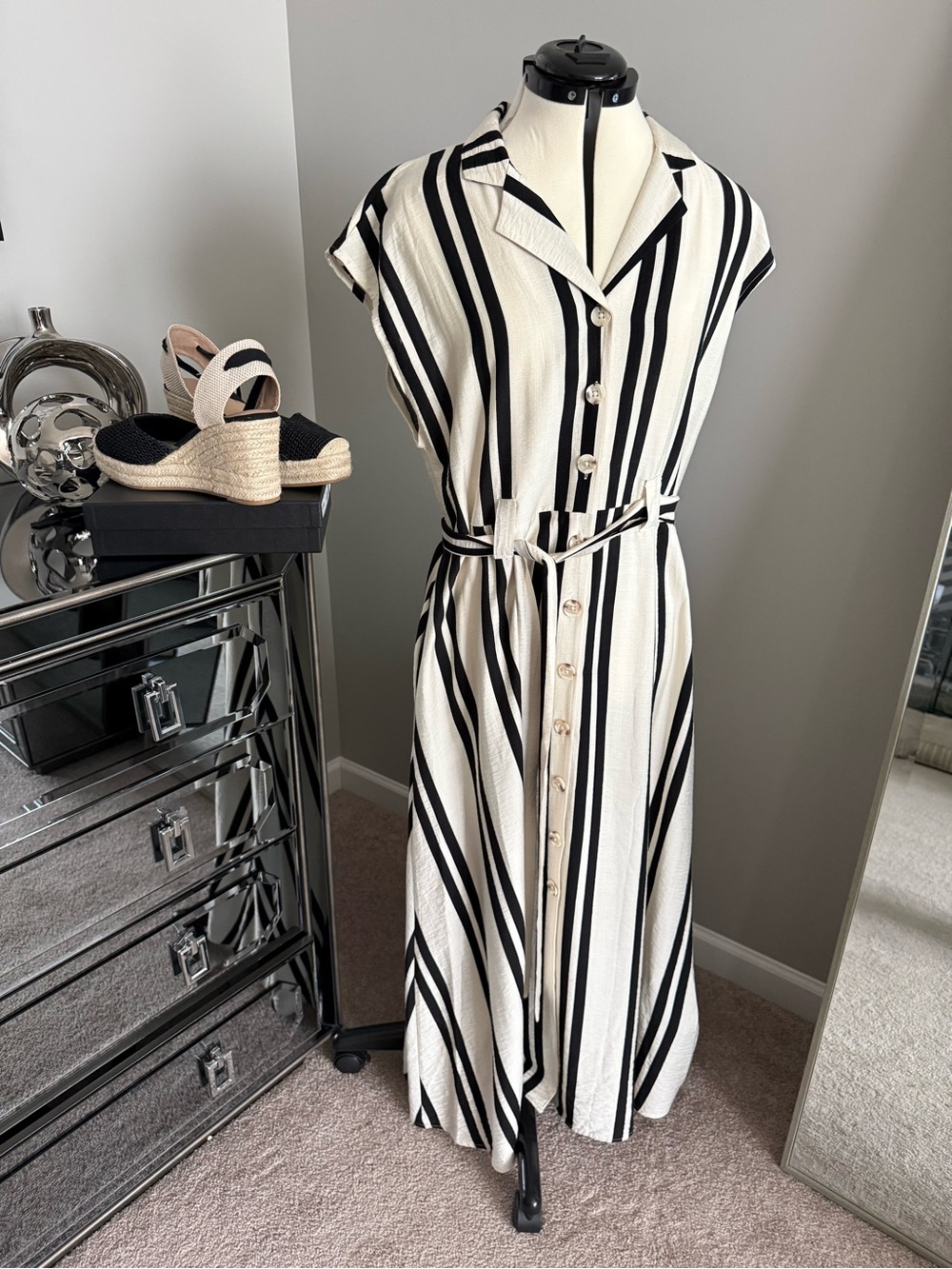 Primark Black and Cream Striped Dress Sz 14